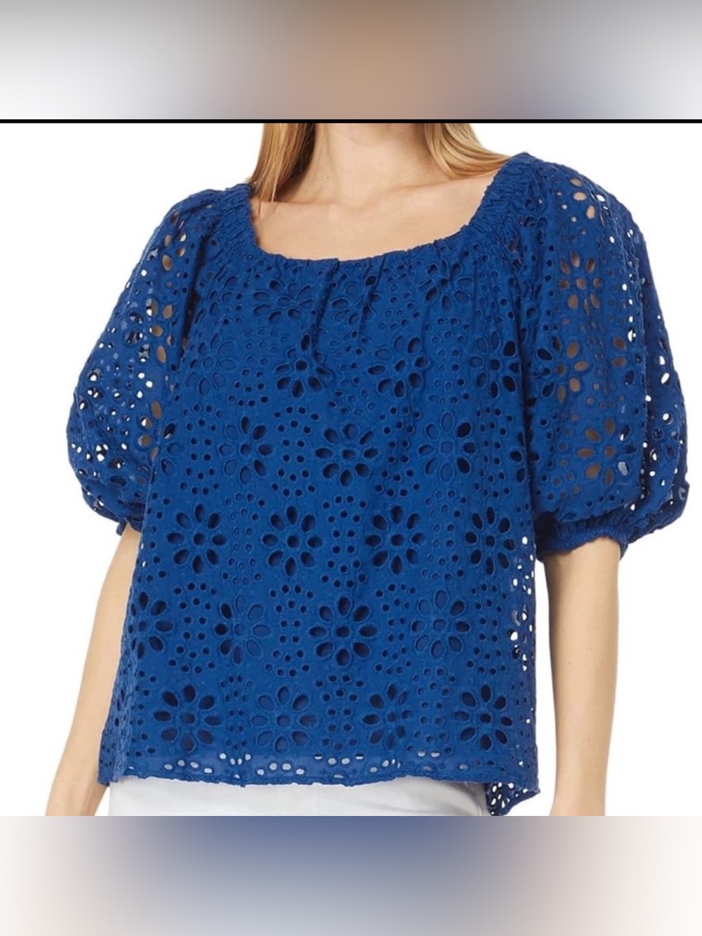 Lilly Pulitzer Kerrigan Elbow Sleeve Navy Eyelet Top Women Size Large NEW